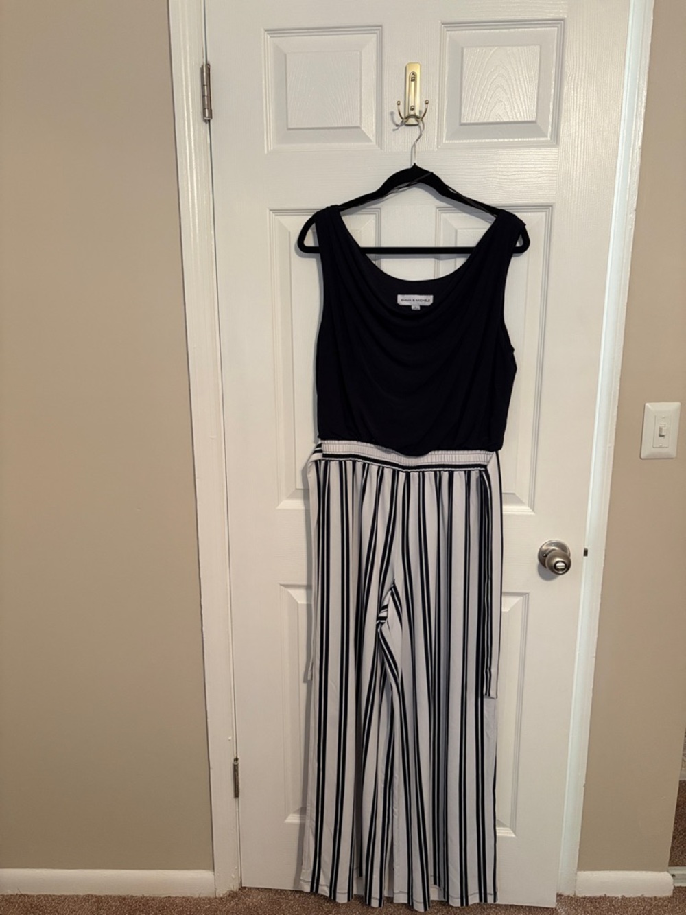 Emma & Michele Black Top with Black and White Striped Wide-Leg Jumpsuit